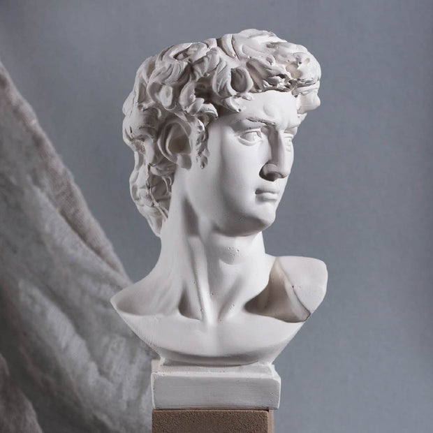 White marble bust of a classical figure on a gray background