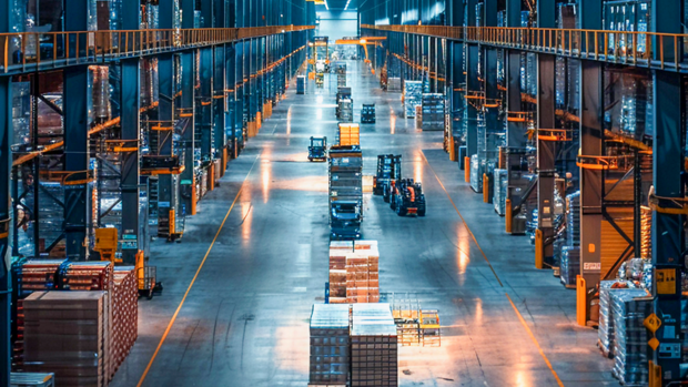 Large warehouse with multiple levels of shelves and forklifts moving around.